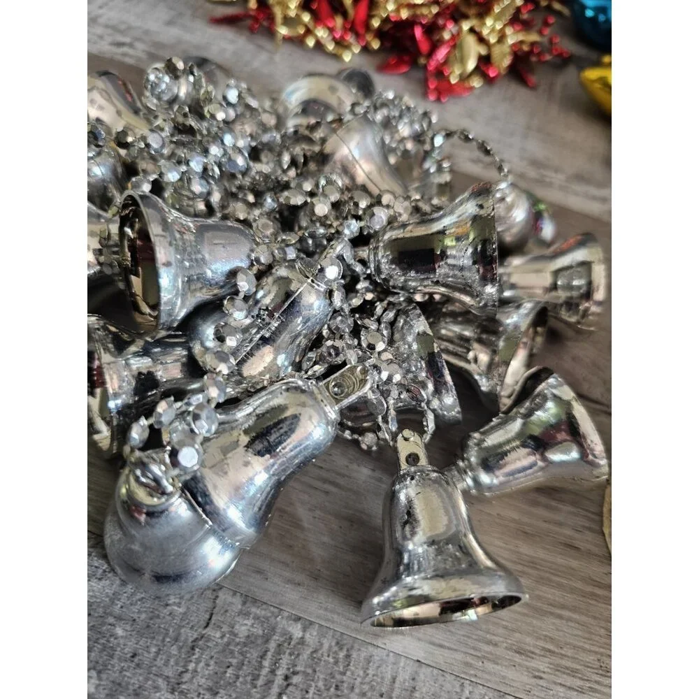 Vtg Garland Mixed Lot Iridescent Bells Silver Holiday Lights Christmas G21